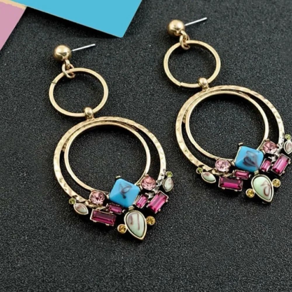 Retro Double Hoop Colorful Dangle Earrings - Picture 4 of 4